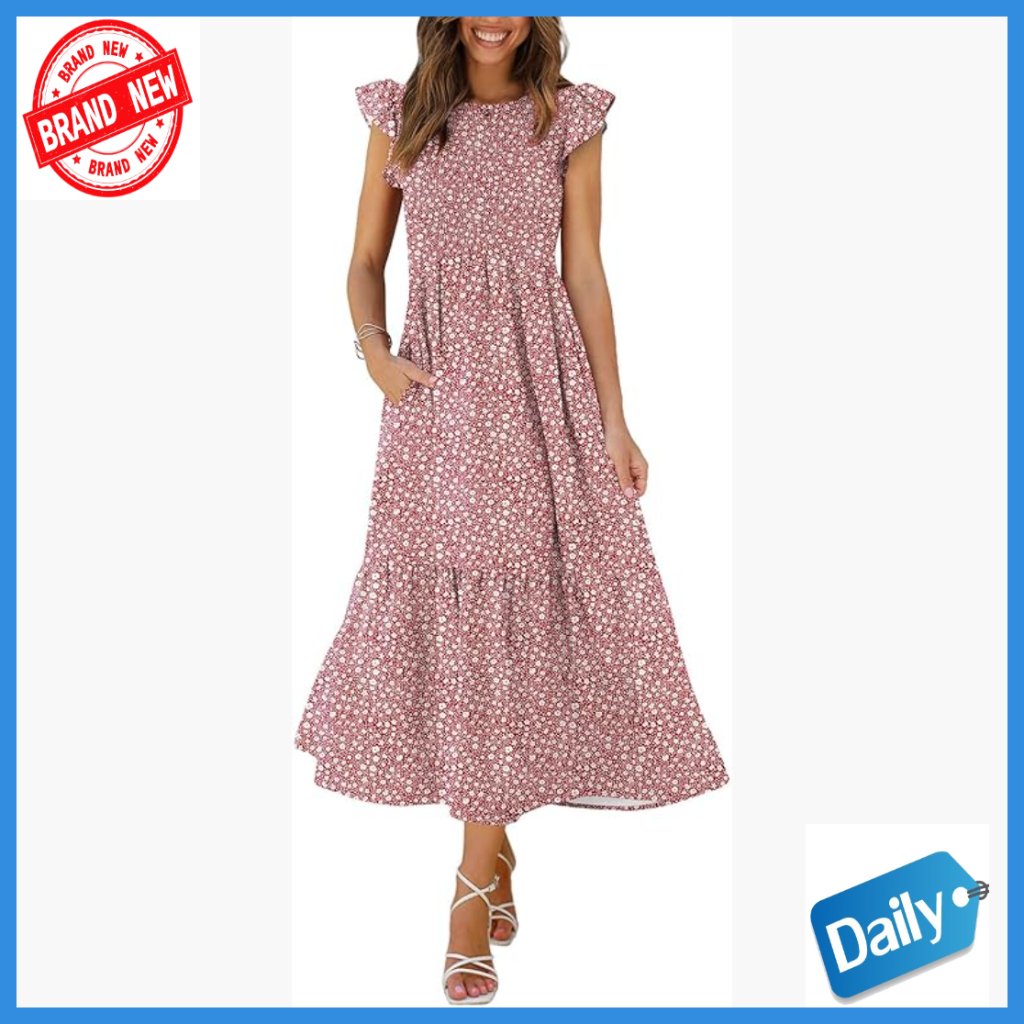 Women's Maxi Dress With Pockets, Ruffle Sleeves, Smocked Top, Polyester Spandex